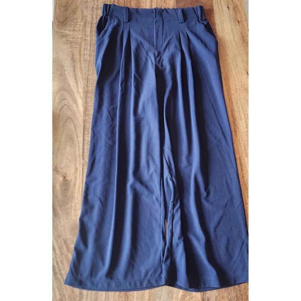 Halara Pants Womens Large Petite Blue Knit Cropped Wide Leg Elastic Waist